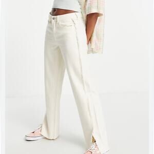 Weekday Frayed Edge Straight Leg Pants Off White Linen Cotton Blend Size 36 NWOT